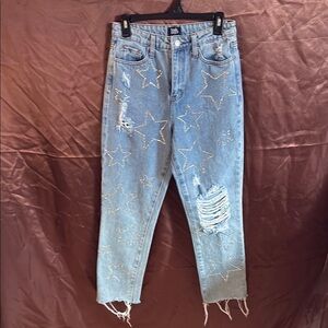 Simple Society Y2K light wash distressed stars rhinestones high rise jeans 5/27